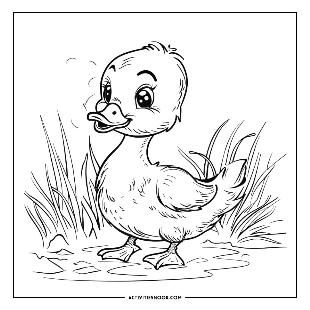 A cartoon-style duck standing in grass with a cheerful expression, suitable for coloring activities.