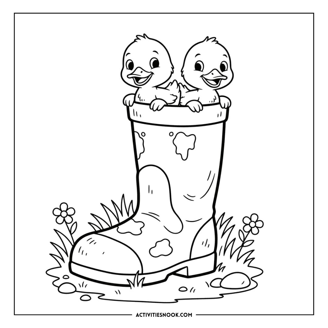 Coloring page featuring two ducklings peeking out from a large rubber boot surrounded by grass and flowers.