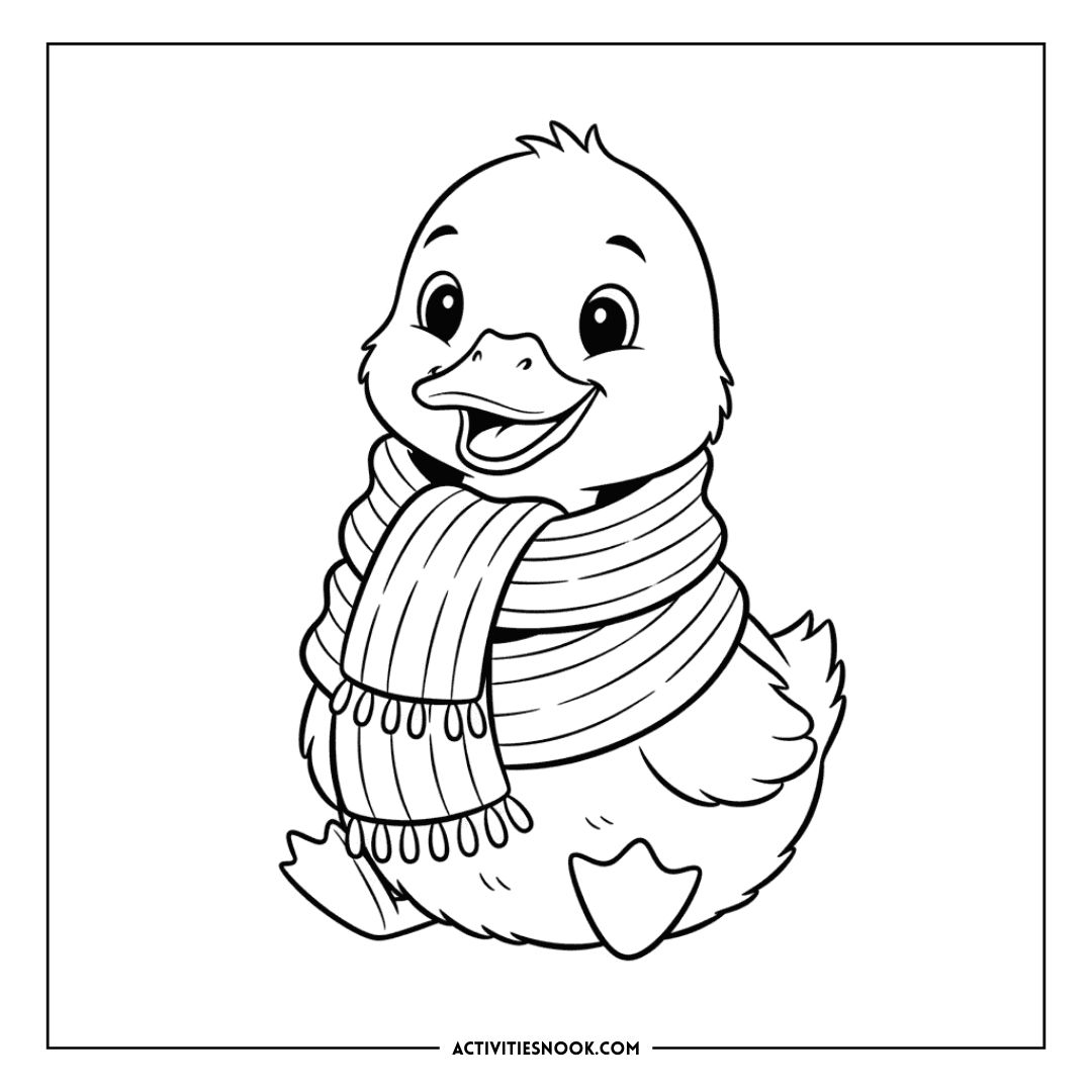 A cheerful duckling wearing a striped scarf, smiling while sitting down in a coloring page design.