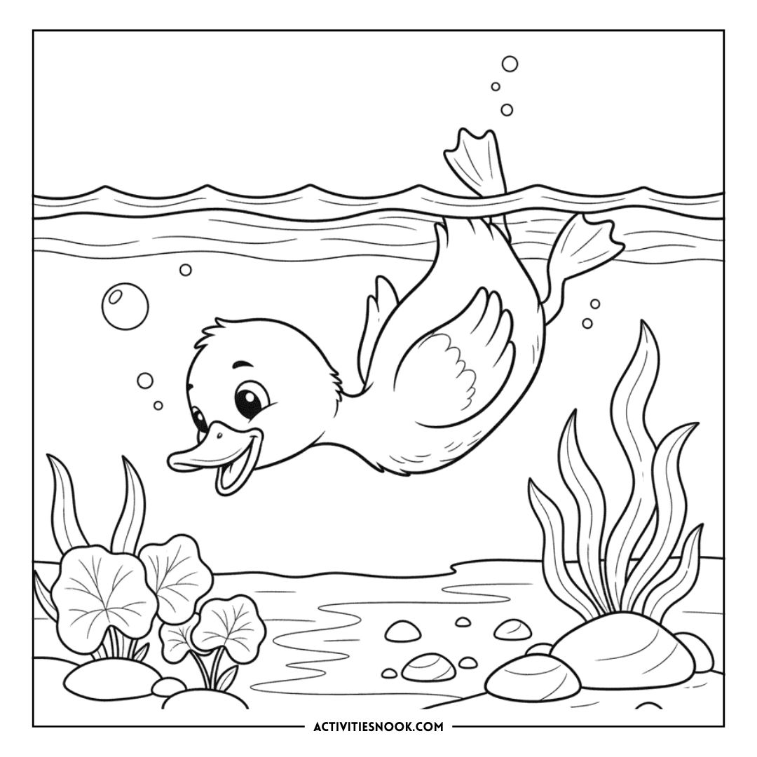 Coloring page featuring a duck swimming underwater with bubbles and aquatic plants.