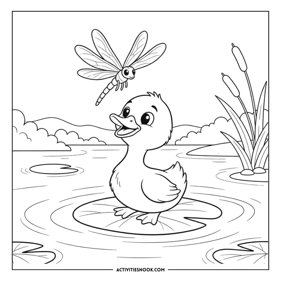 Coloring page featuring a duckling on a lily pad with a dragonfly above in a pond setting.