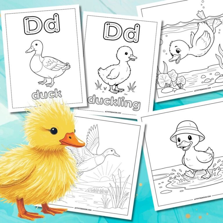 Coloring pages featuring a duck, duckling, and related illustrations for educational activities.