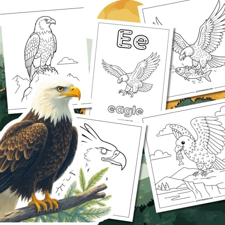 Bald eagle illustration with coloring pages featuring eagles and the letter 'E' for educational purposes.