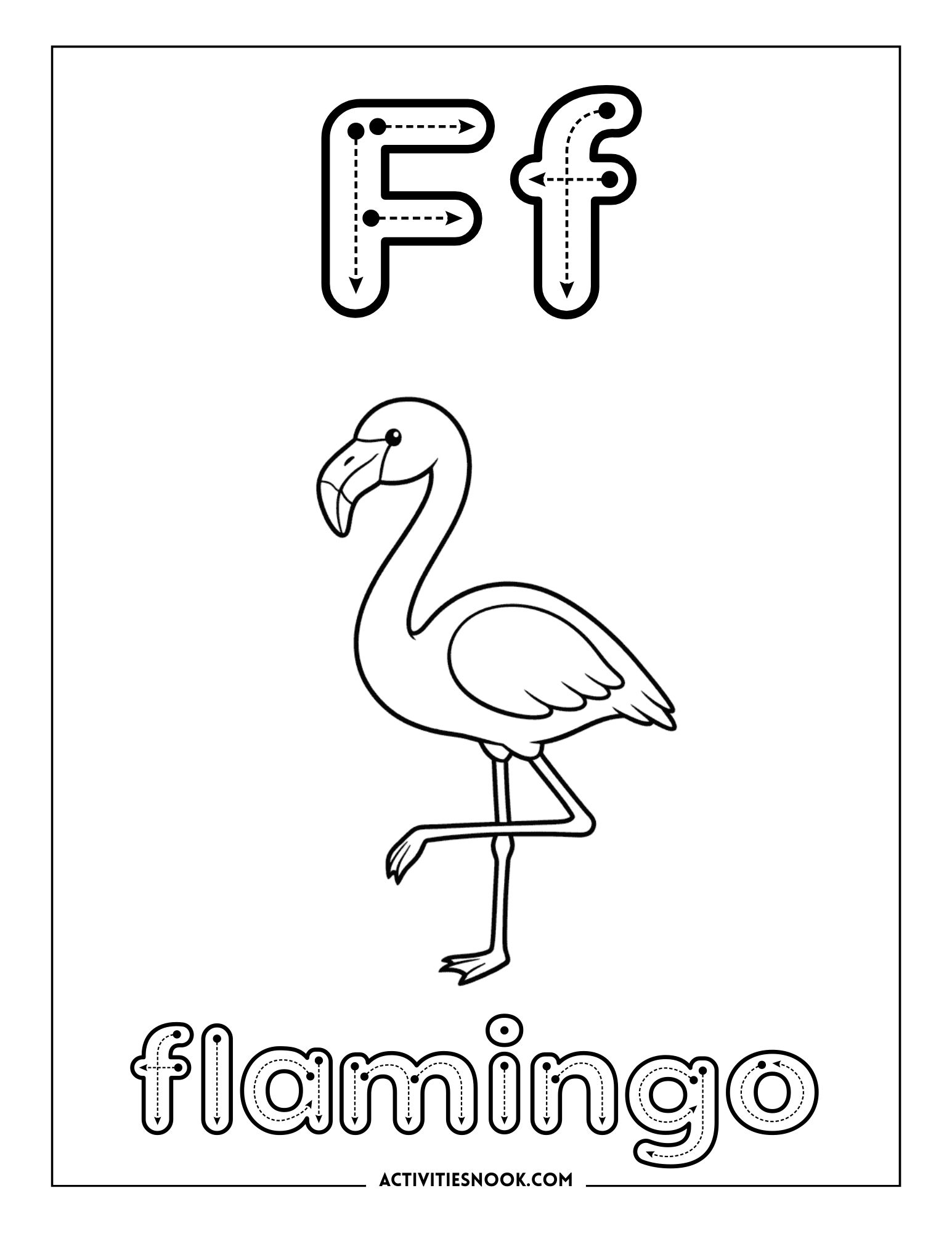 Coloring page featuring a flamingo with the letter F and the word 'flamingo' below it.