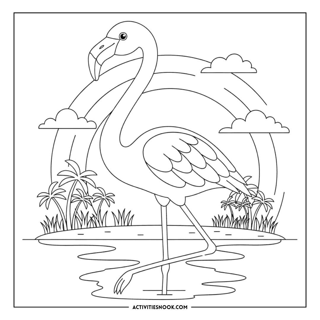 Black and white outline illustration of a flamingo walking in water with a rainbow and clouds in the background.