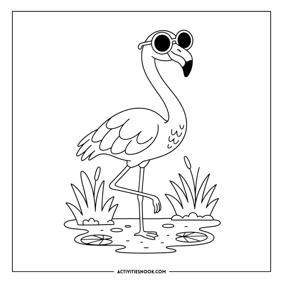 Black and white illustration of a flamingo wearing sunglasses standing by water with grass and lily pads.