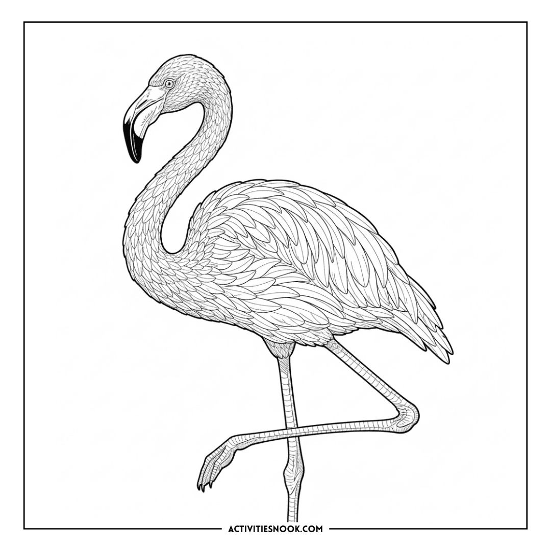 Line art illustration of a flamingo standing on one leg with detailed feather patterns.