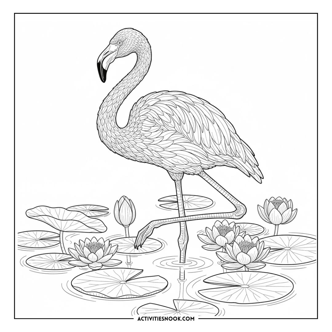 Line art illustration of a flamingo standing on one leg among water lilies in a coloring page design.