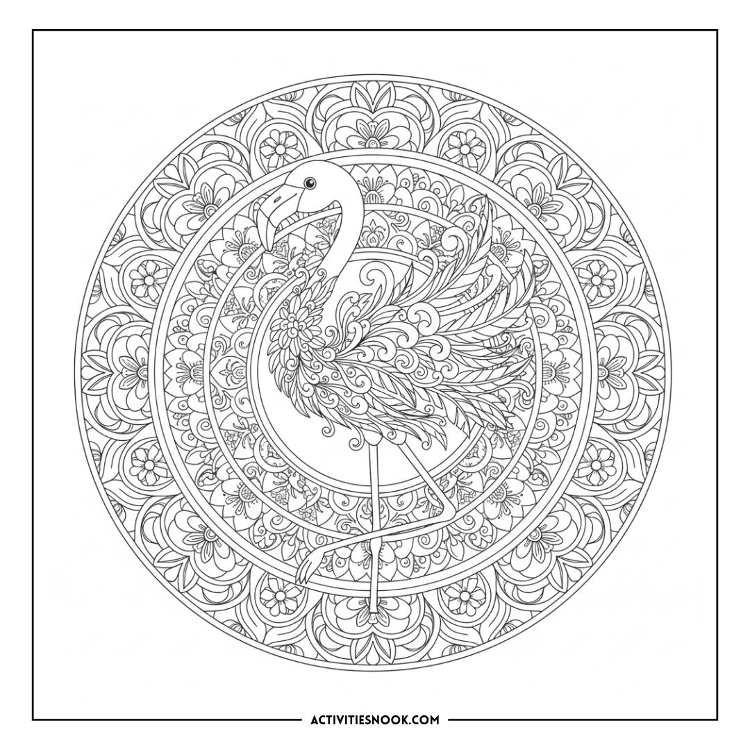 Intricate flamingo coloring page featuring detailed floral patterns and circular designs.