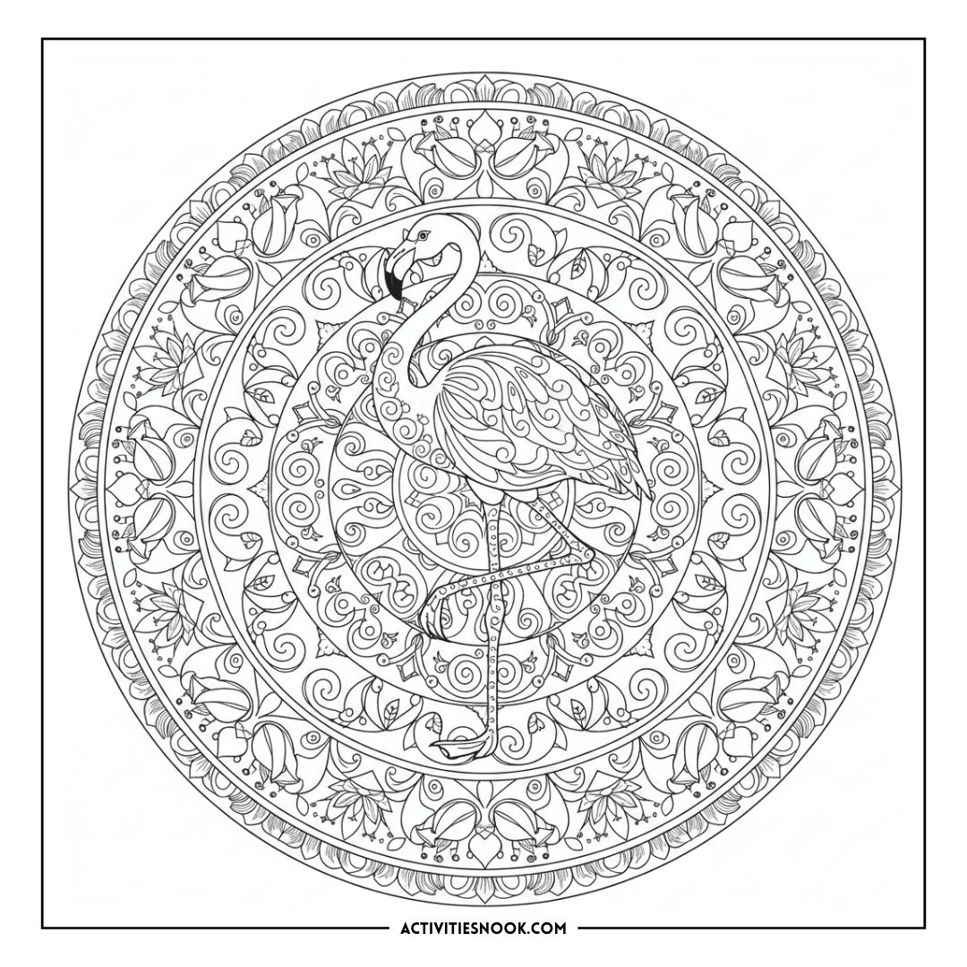 Intricate black and white flamingo coloring page featuring a detailed design with floral patterns and swirls.