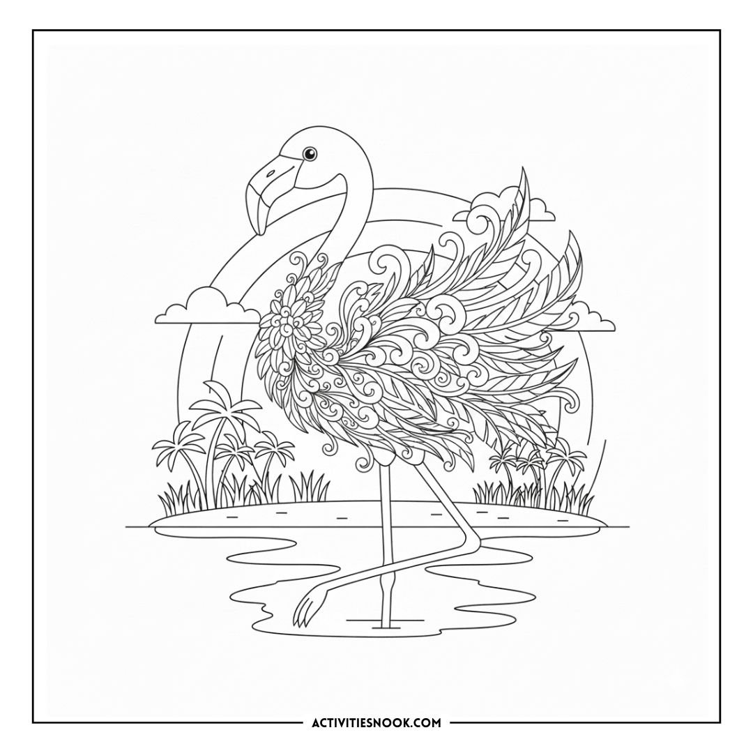 Intricate coloring page featuring a flamingo with decorative patterns and a rainbow in the background.