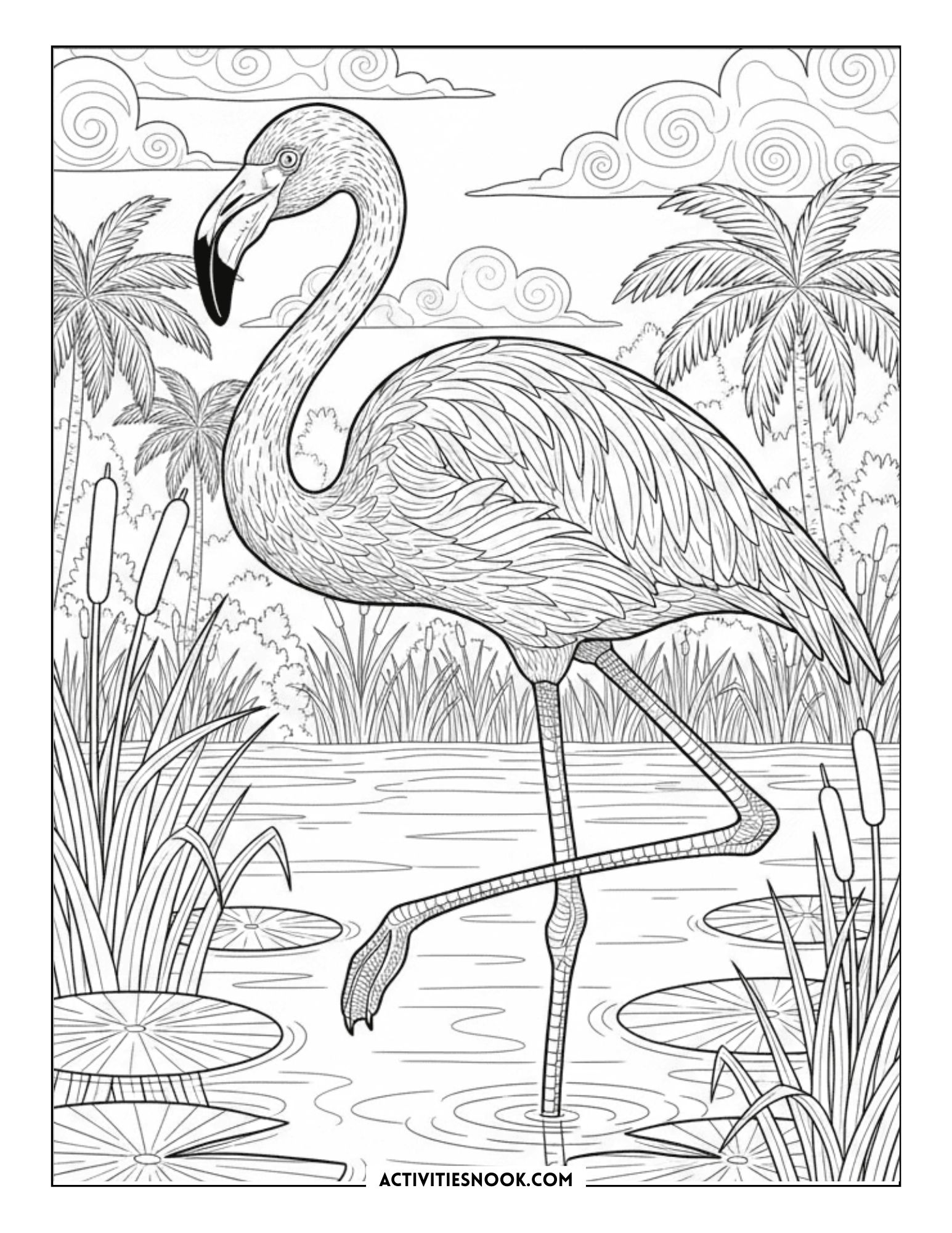 Black and white coloring page featuring a flamingo standing in a pond surrounded by plants and palm trees.