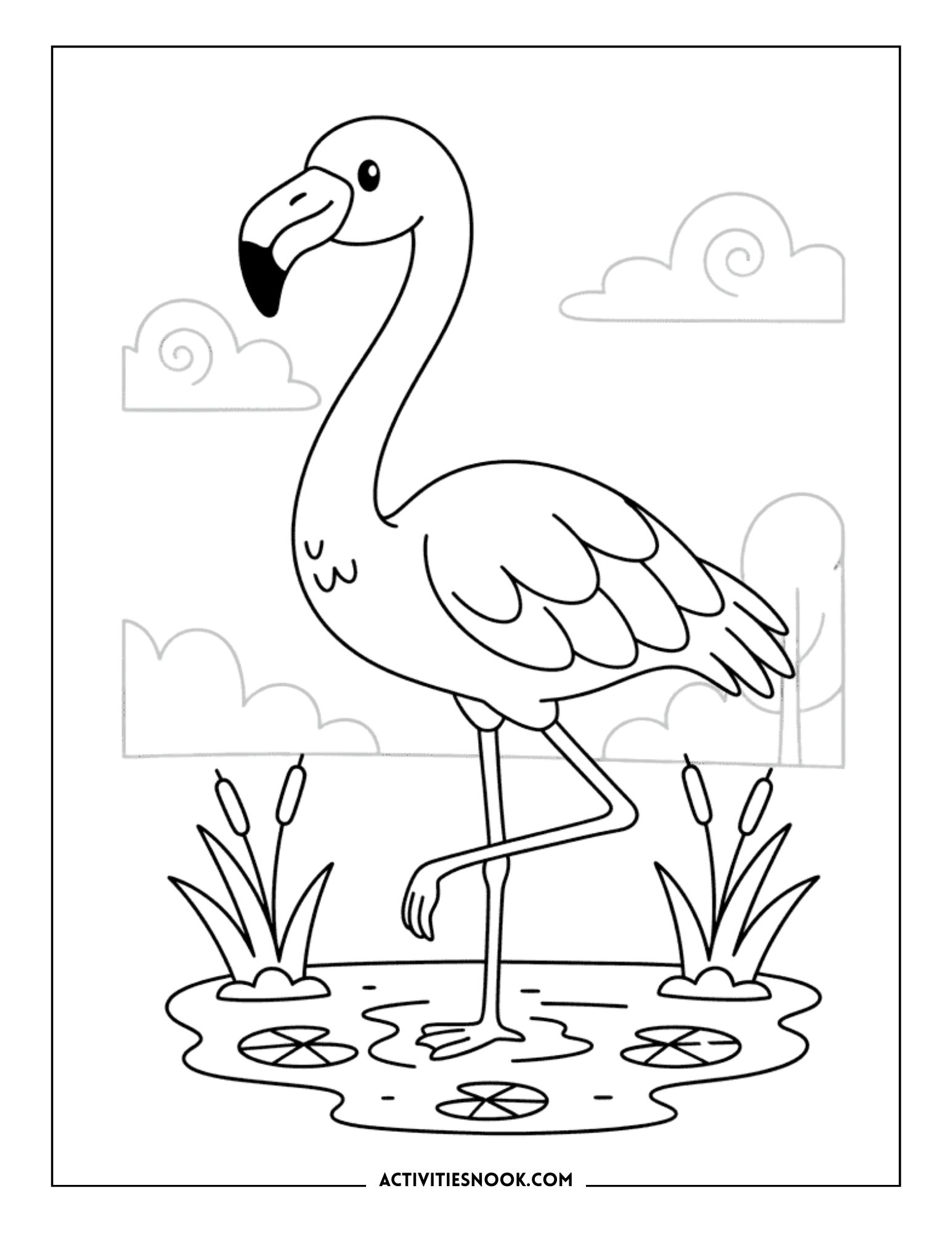 Coloring page featuring a flamingo standing on one leg in a pond with lily pads and reeds.