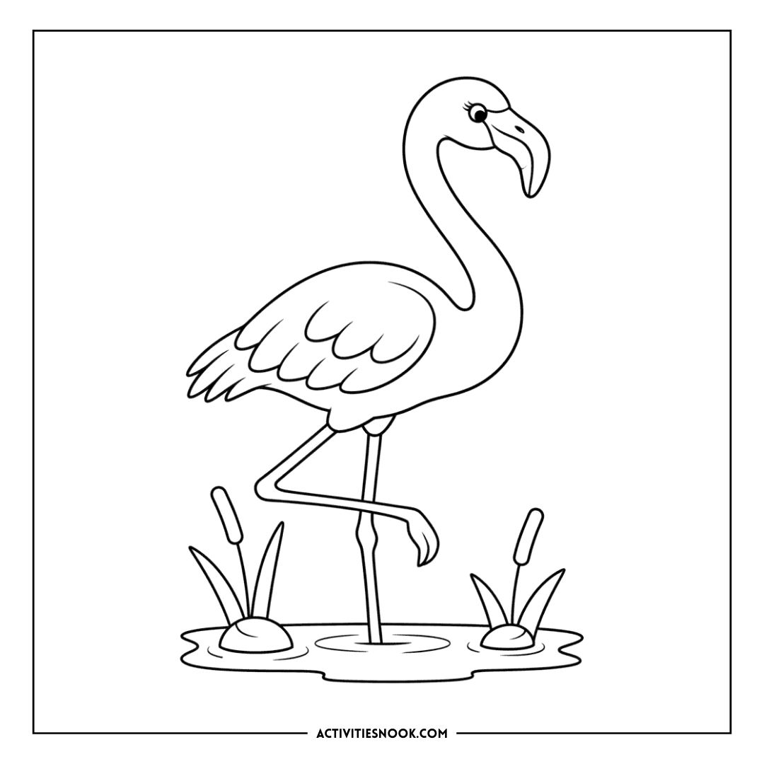 Line art illustration of a flamingo standing on one leg in a pond with reeds.