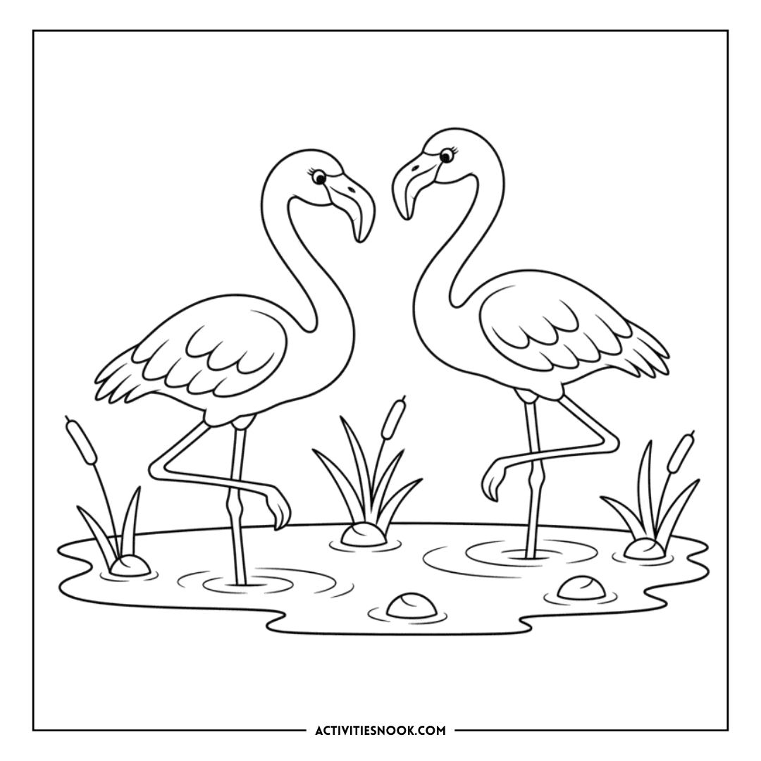 Two flamingos standing in water with reeds and rocks in a coloring page design.