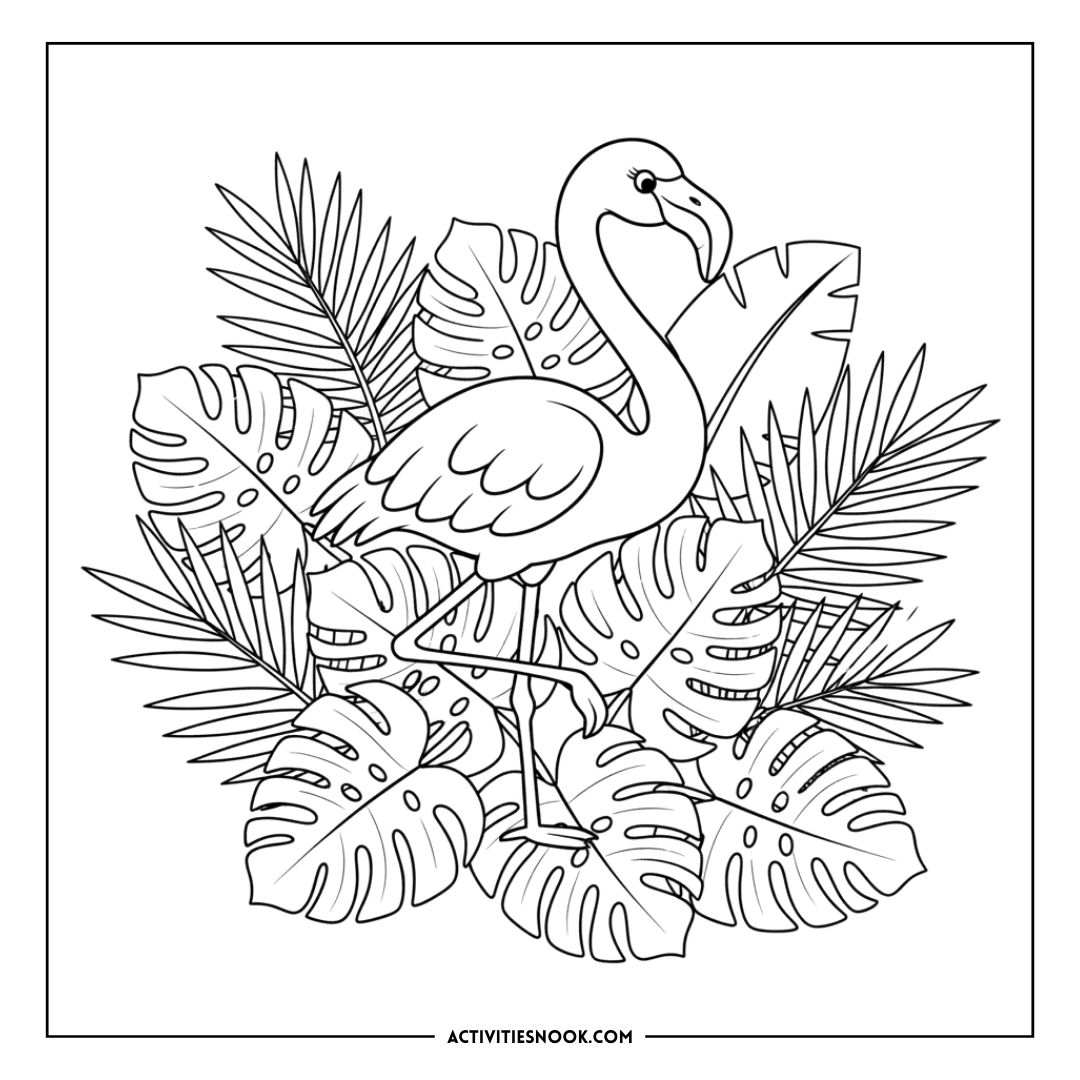 Line art illustration of a flamingo standing among tropical leaves, suitable for coloring activities.