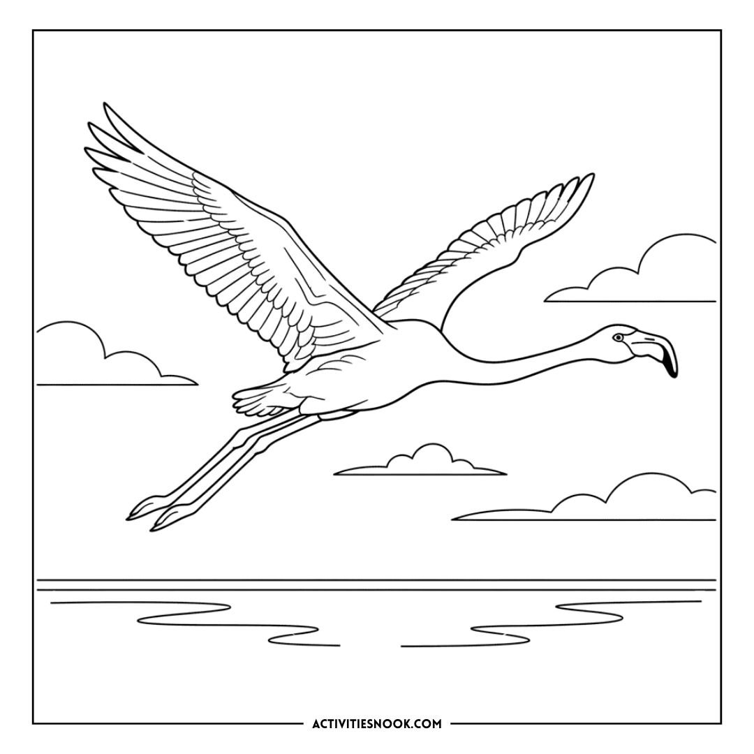 Black and white outline drawing of a flamingo flying above water with clouds in the background.