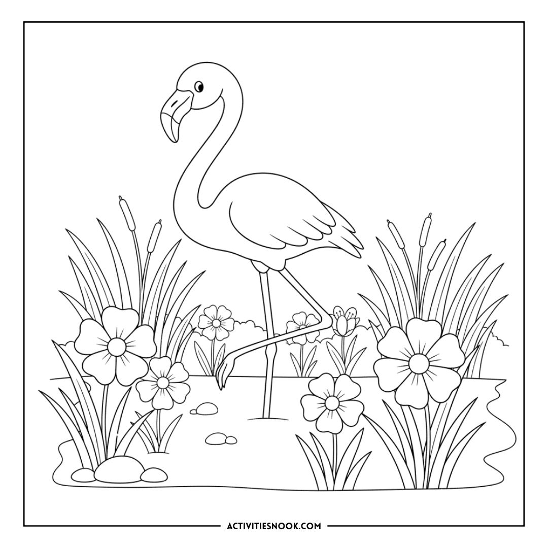 Line art illustration of a flamingo standing on one leg surrounded by flowers and grass.
