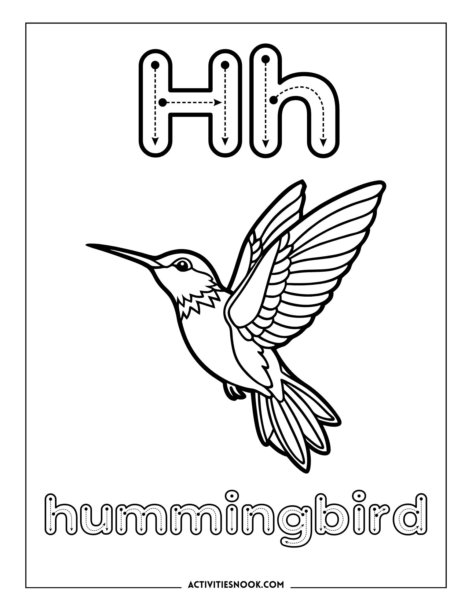 Black and white coloring page featuring a hummingbird with the letter 'H' and the word 'hummingbird' below it.