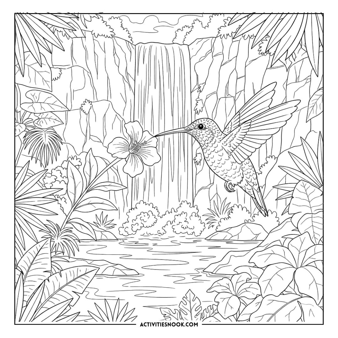 Black and white coloring page featuring a hummingbird near a flower and a waterfall in a tropical setting.