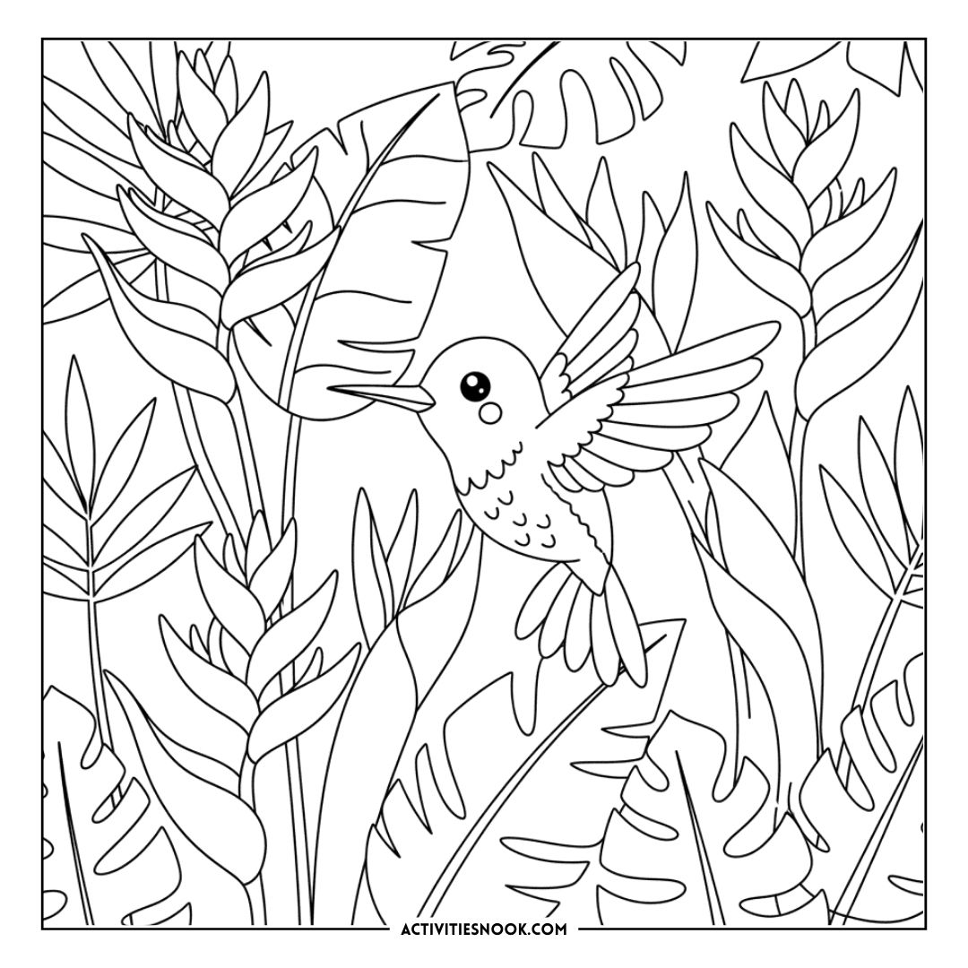 Black and white coloring page featuring a hummingbird among tropical leaves and plants.