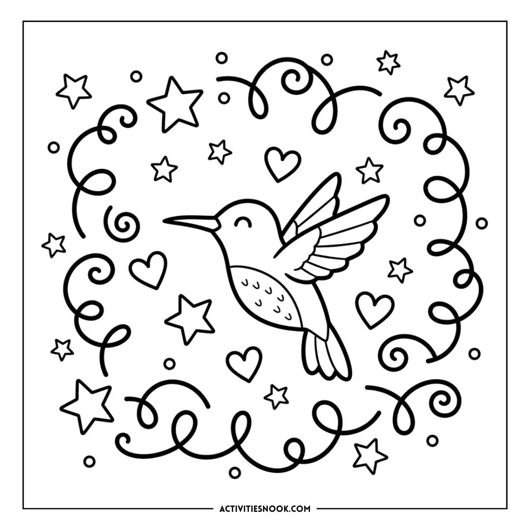 Black and white coloring page featuring a hummingbird surrounded by stars and swirls.