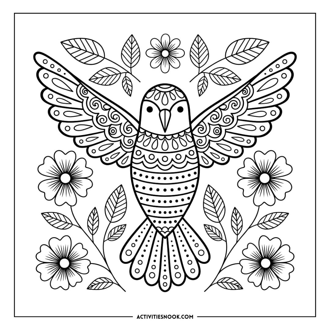 Intricate black and white coloring page featuring a hummingbird surrounded by flowers and leaves.
