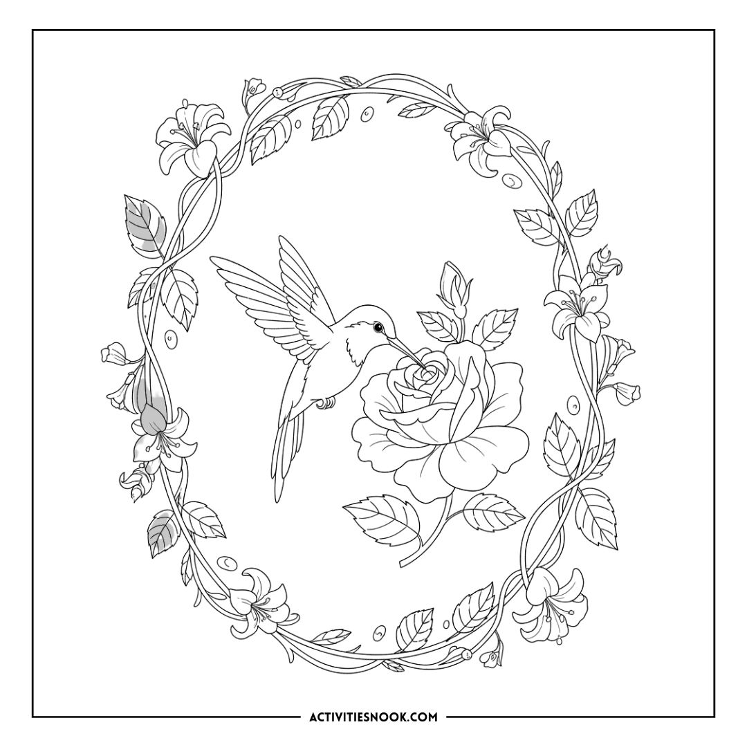 Black and white coloring page featuring a hummingbird hovering near a rose within a decorative floral border.
