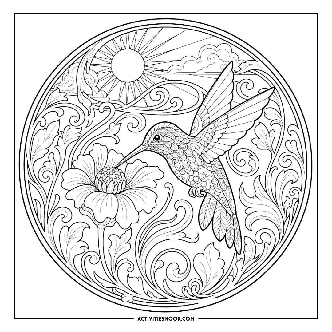 Intricate black and white coloring page featuring a hummingbird and a flower with decorative elements.