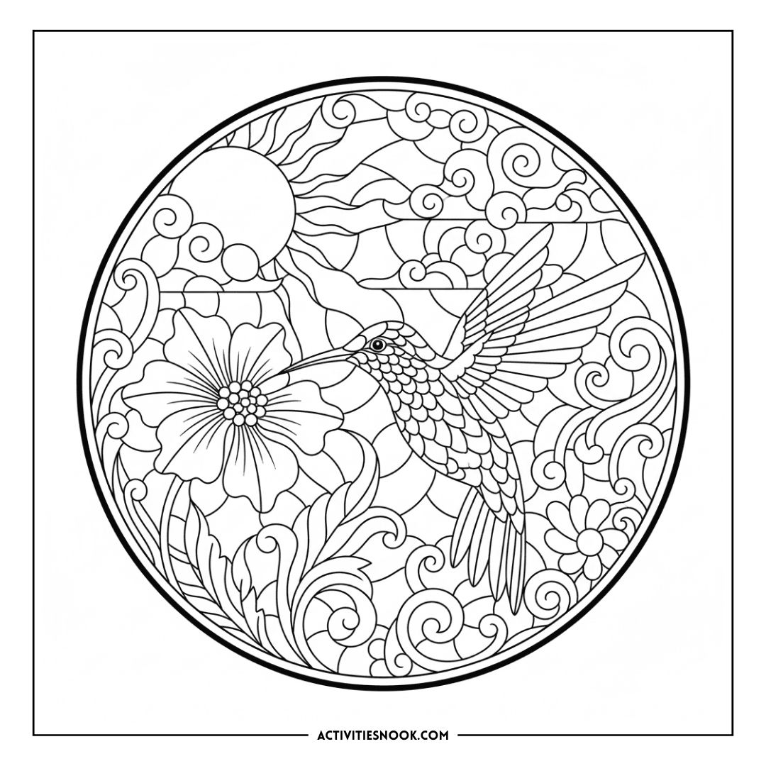 Intricate coloring page featuring a hummingbird hovering near a flower with decorative elements in a circular design.