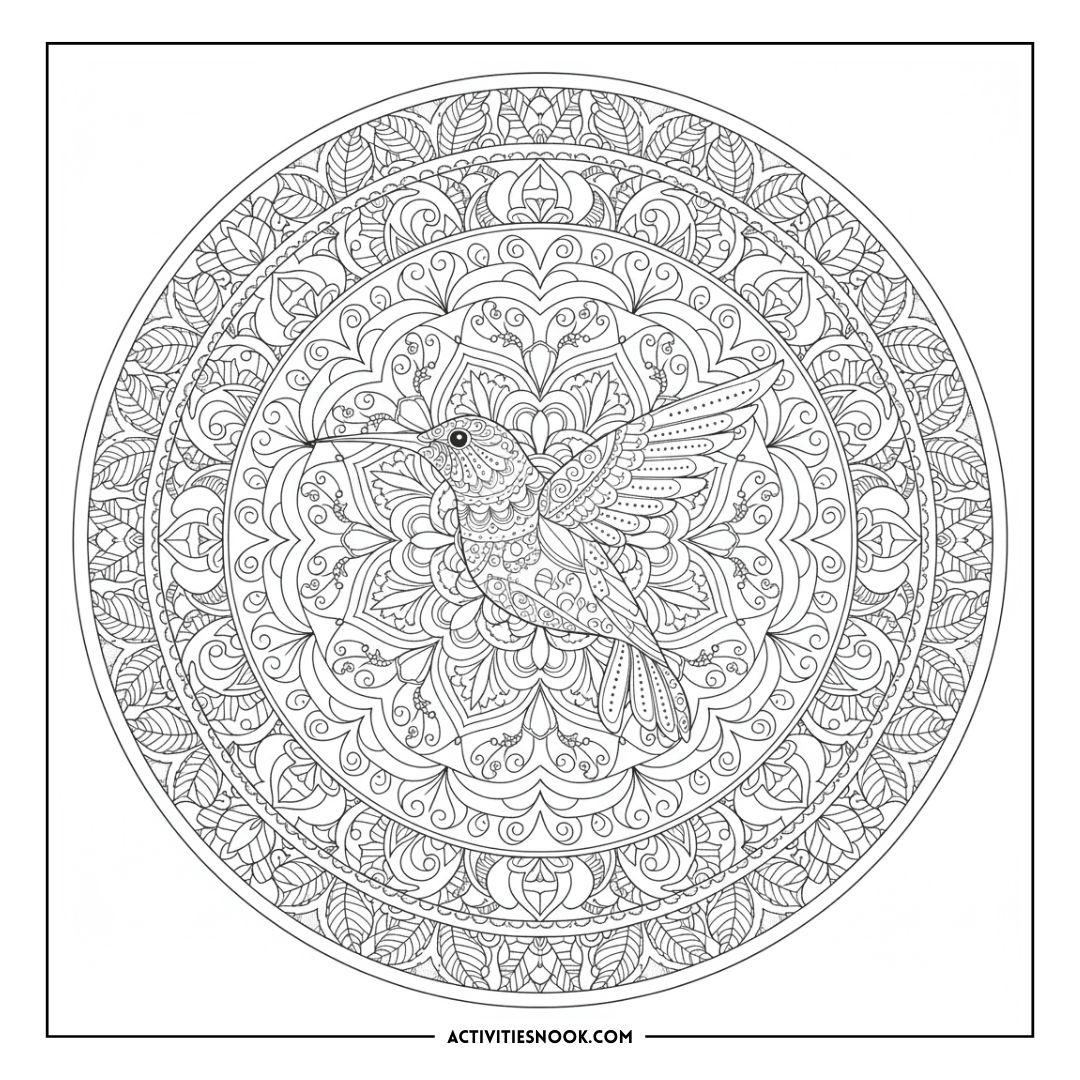 Intricate black and white hummingbird coloring page featuring detailed floral patterns and mandala design.