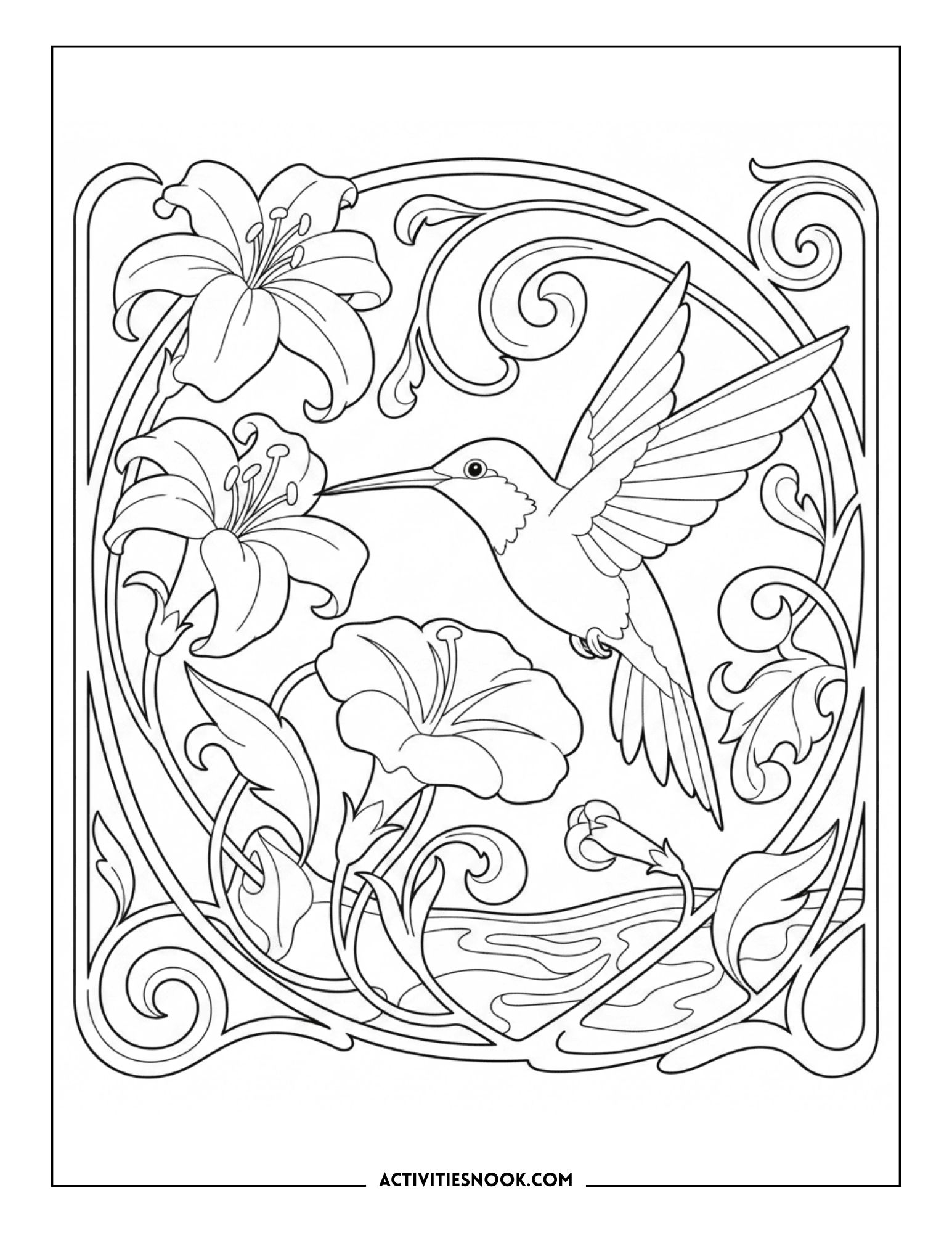 Intricate coloring page featuring a hummingbird among flowers with decorative borders and detailed line art.