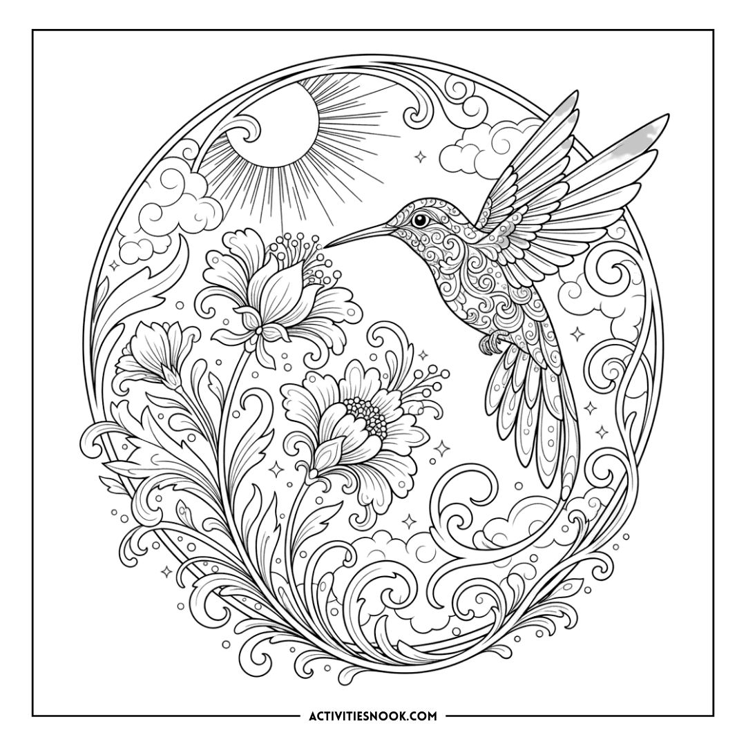 Intricate black and white coloring page featuring a hummingbird and floral designs with decorative elements.