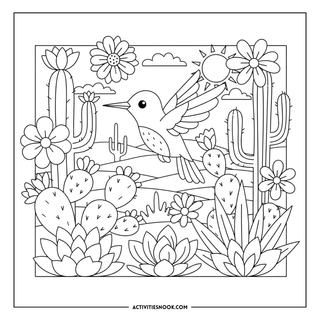 Black and white coloring page featuring a hummingbird surrounded by flowers and cacti in a desert landscape.