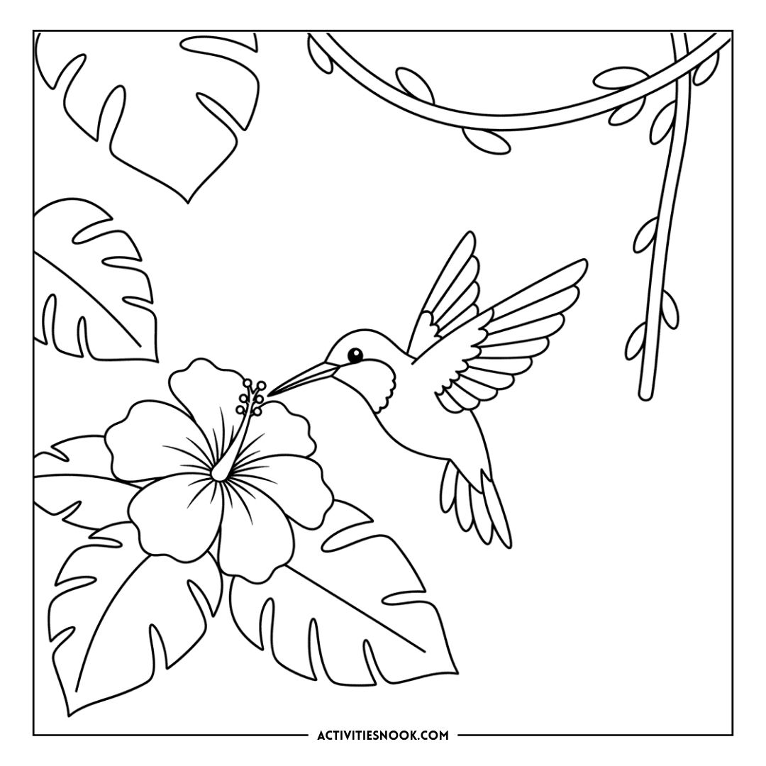 Black and white coloring page featuring a hummingbird hovering near a hibiscus flower surrounded by leaves.