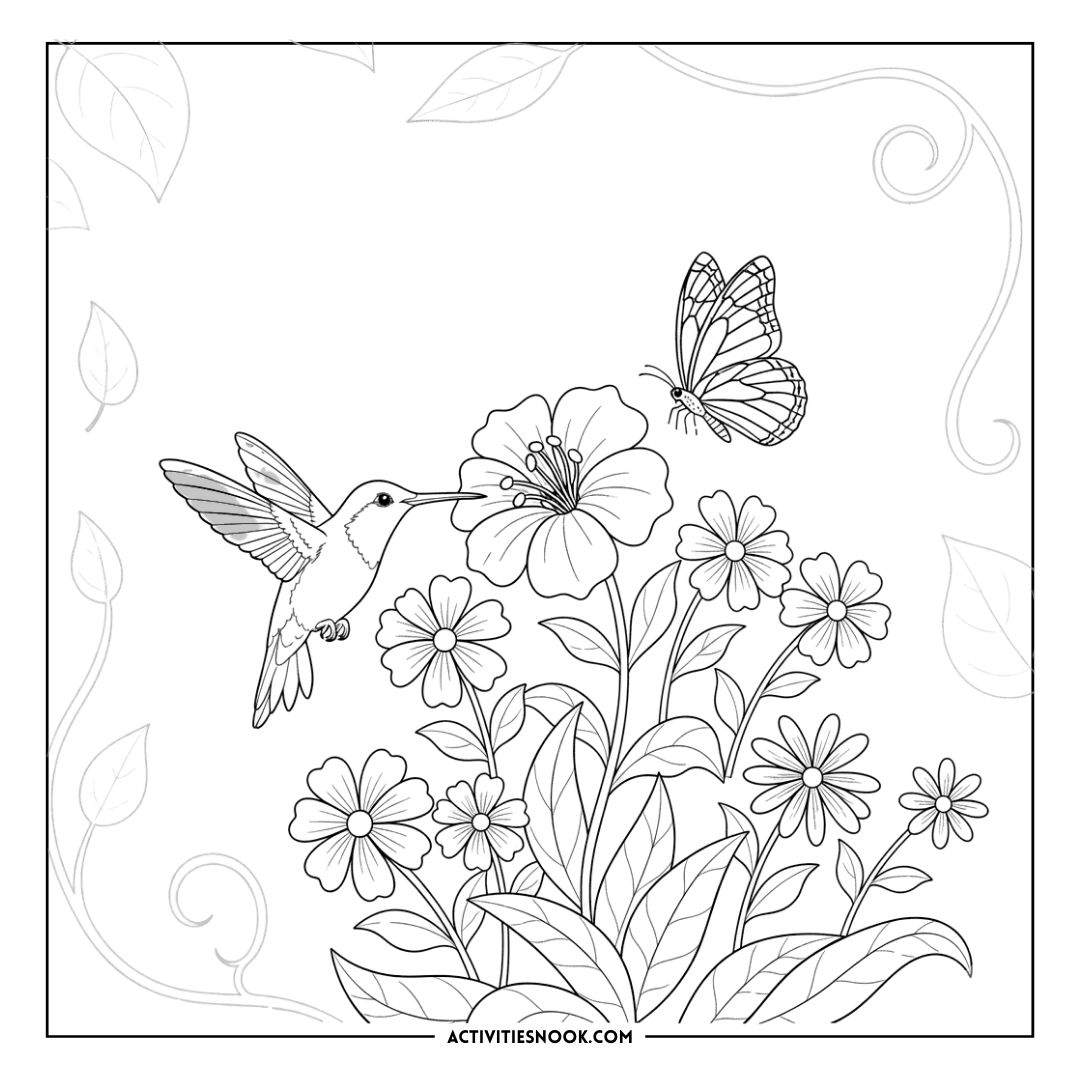 Line art illustration of a hummingbird and butterfly among flowers in a coloring page design.