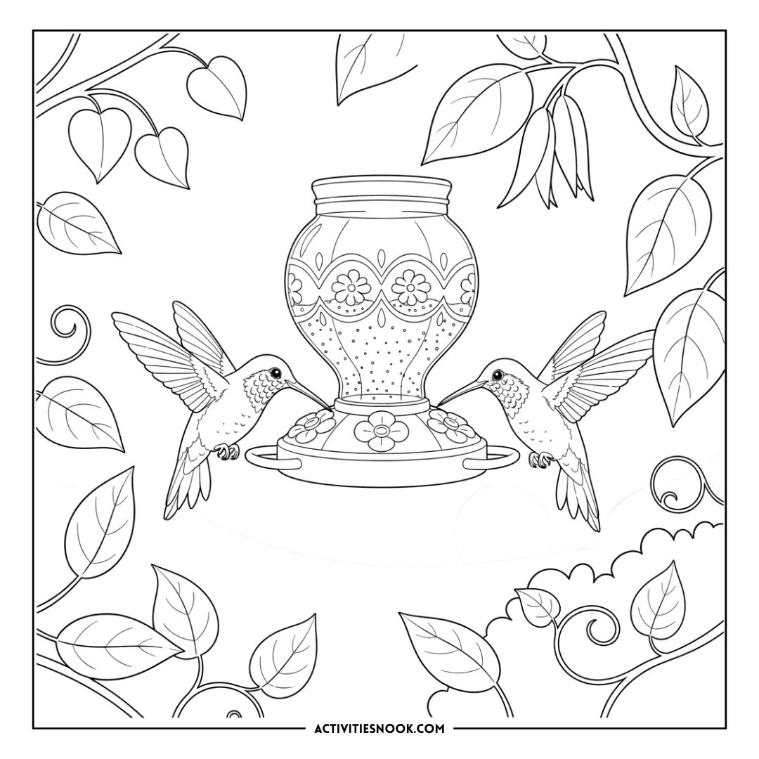 Two hummingbirds approaching a decorative feeder surrounded by leaves and floral elements in a coloring page design.
