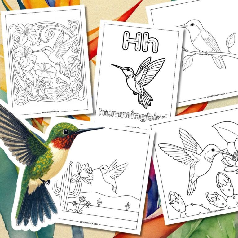 Collection of hummingbird coloring pages featuring various designs and illustrations of hummingbirds and flowers.