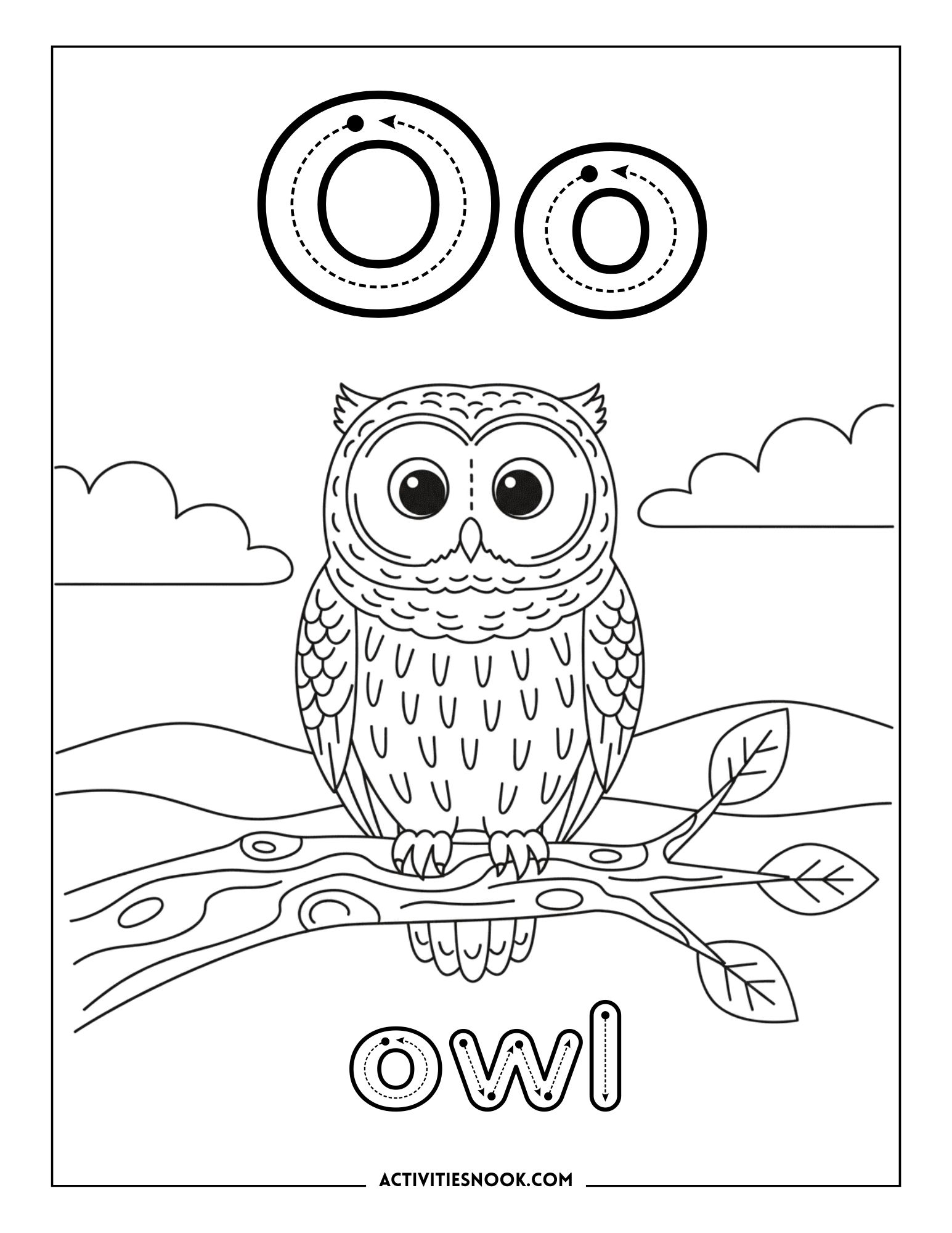Coloring page featuring an owl perched on a branch with the letter 'O' above it.