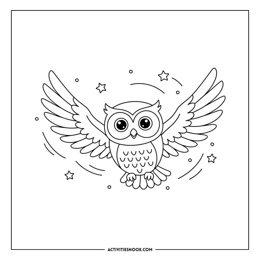 Line art illustration of an owl with outstretched wings surrounded by stars, suitable for coloring activities.
