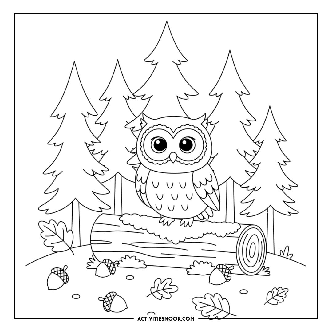 Black and white owl coloring page featuring an owl perched on a log surrounded by trees and acorns.