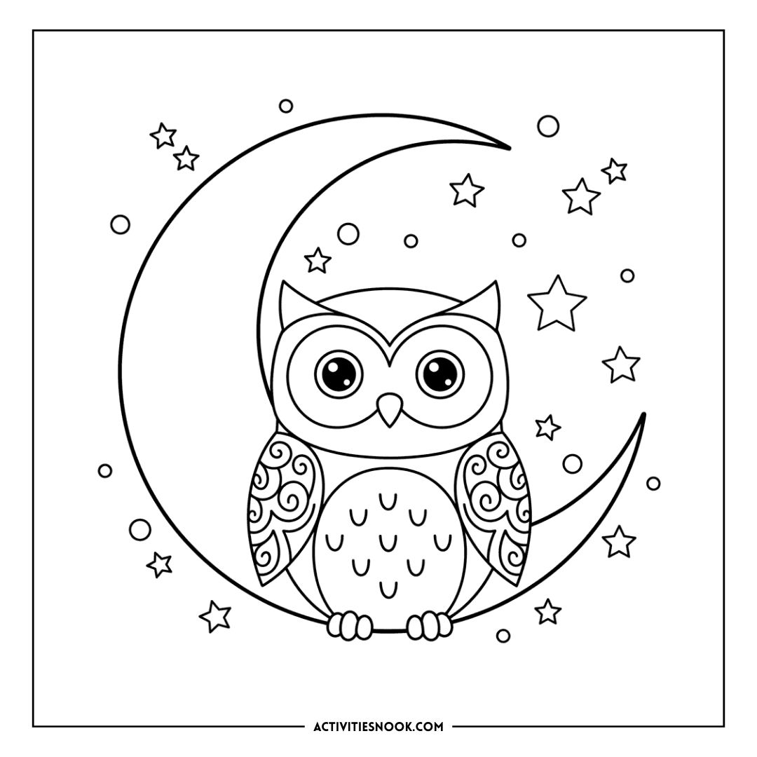 Black and white owl coloring page featuring an owl sitting on a crescent moon surrounded by stars.