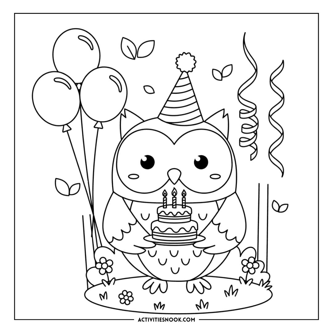 Cartoon owl wearing a party hat, holding a birthday cake with candles, surrounded by balloons and flowers.
