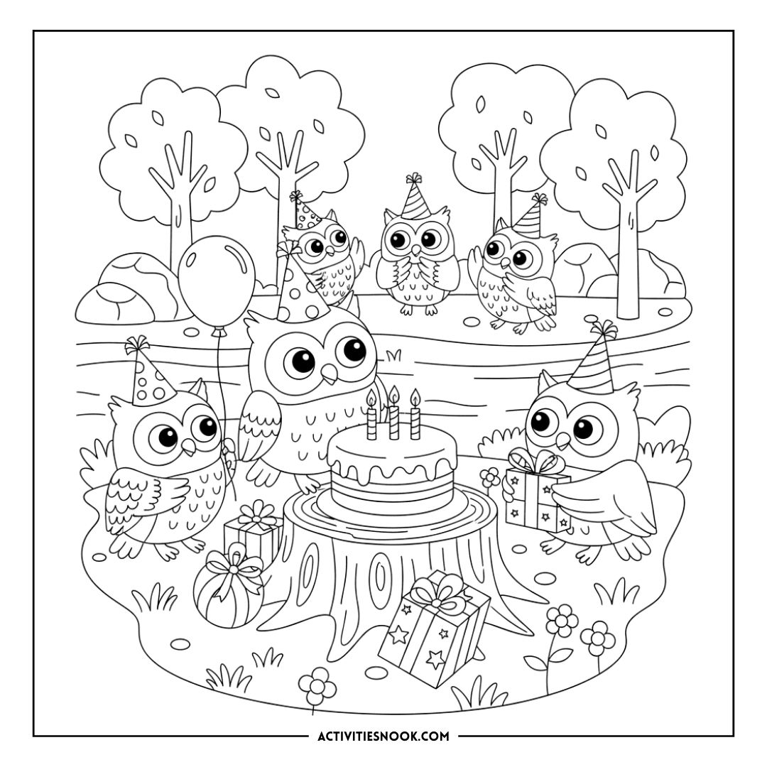 Coloring page featuring owls celebrating a birthday with a cake, gifts, and balloons in a forest setting.
