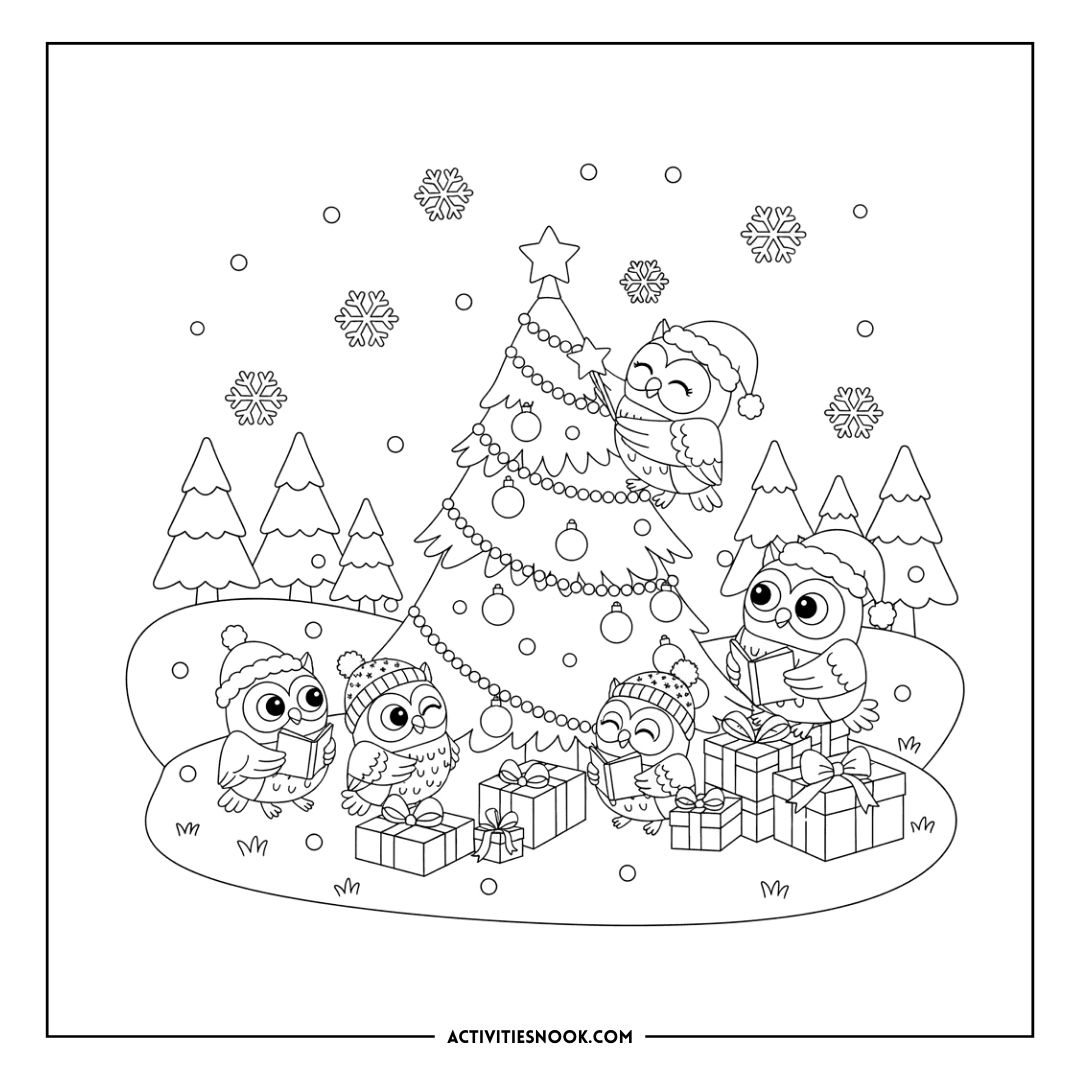 Coloring page featuring owls decorating a Christmas tree with gifts and snowflakes in a winter scene.