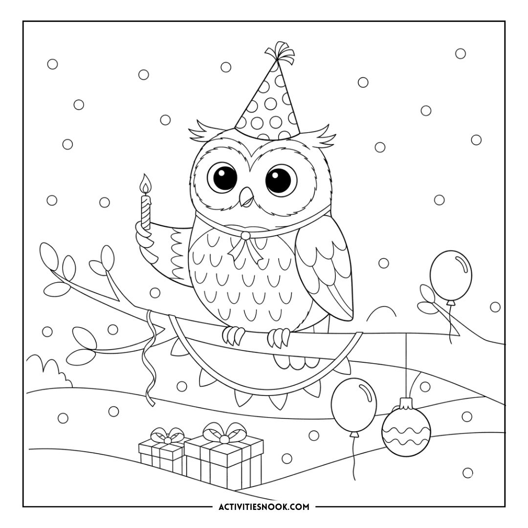 Black and white coloring page of an owl wearing a party hat, holding a candle on a branch with balloons and gifts.