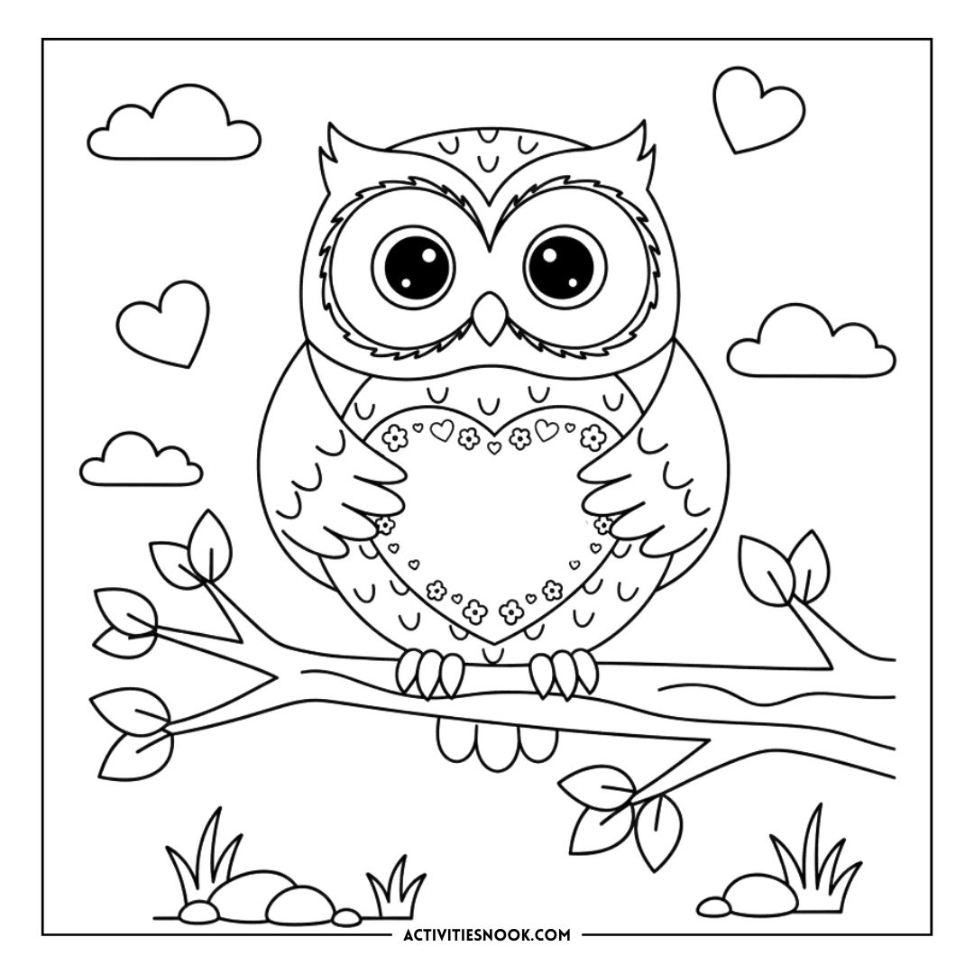 Black and white owl illustration holding a heart on a branch with clouds and hearts in the background.