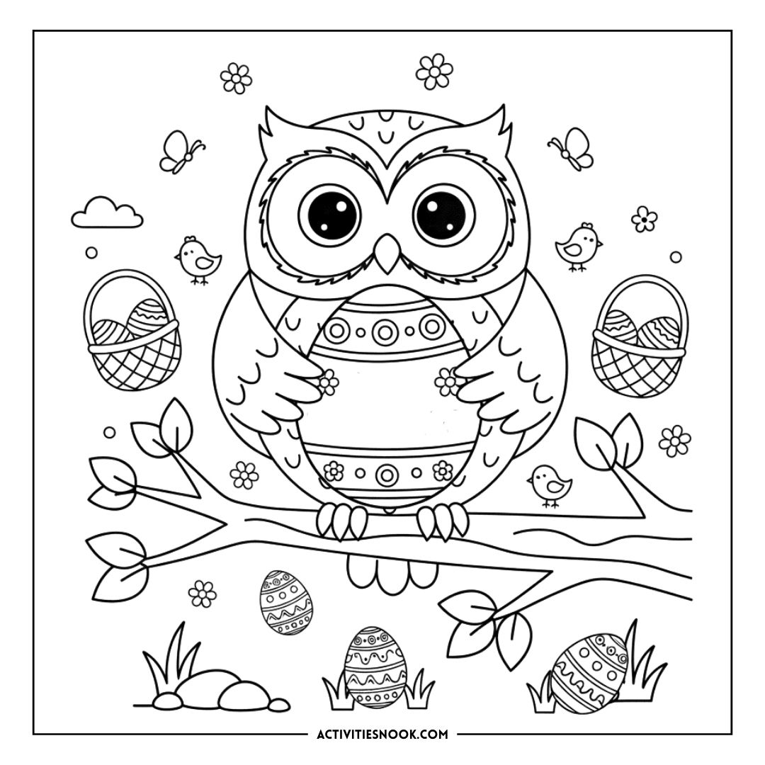 Black and white owl illustration holding a decorated Easter egg, surrounded by flowers and small birds.
