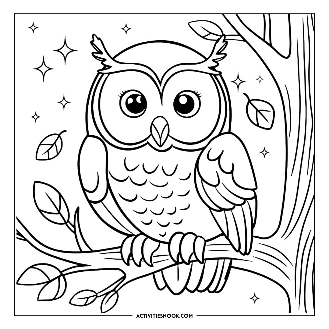 Black and white coloring page featuring an owl perched on a branch with leaves and stars in the background.