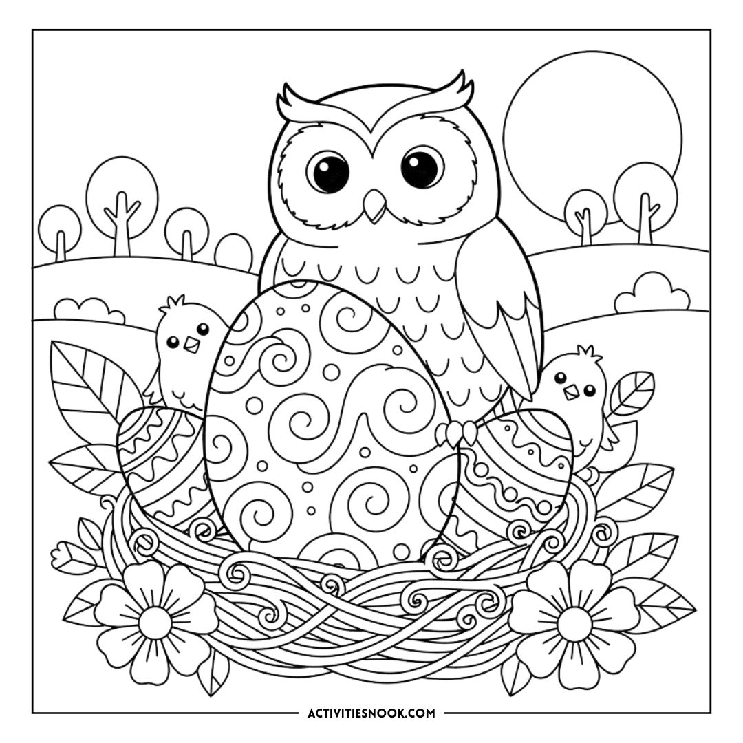 Black and white owl coloring page featuring an owl, decorated eggs, chicks, and flowers in a nest.